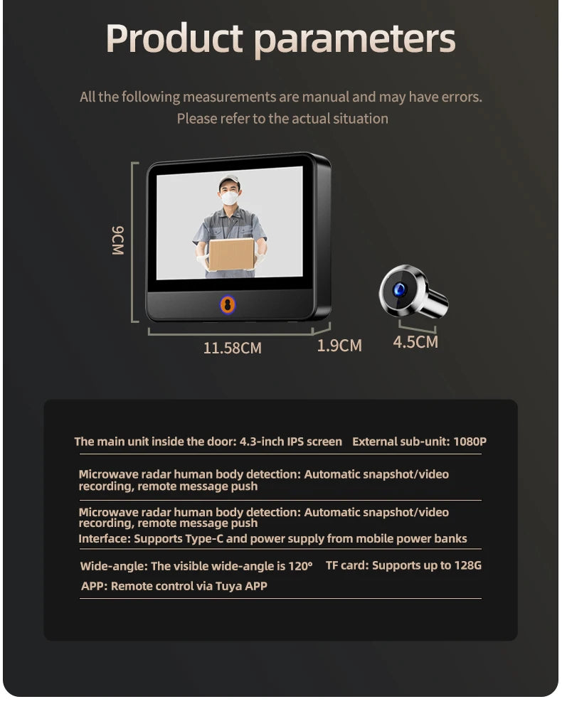 Danmini 4.3 Inch Doorbell Peephole Mobile Tuya App Remote Control Digital Door Viewer Night Vision 1080P 2MP Cat Eye Door Camera