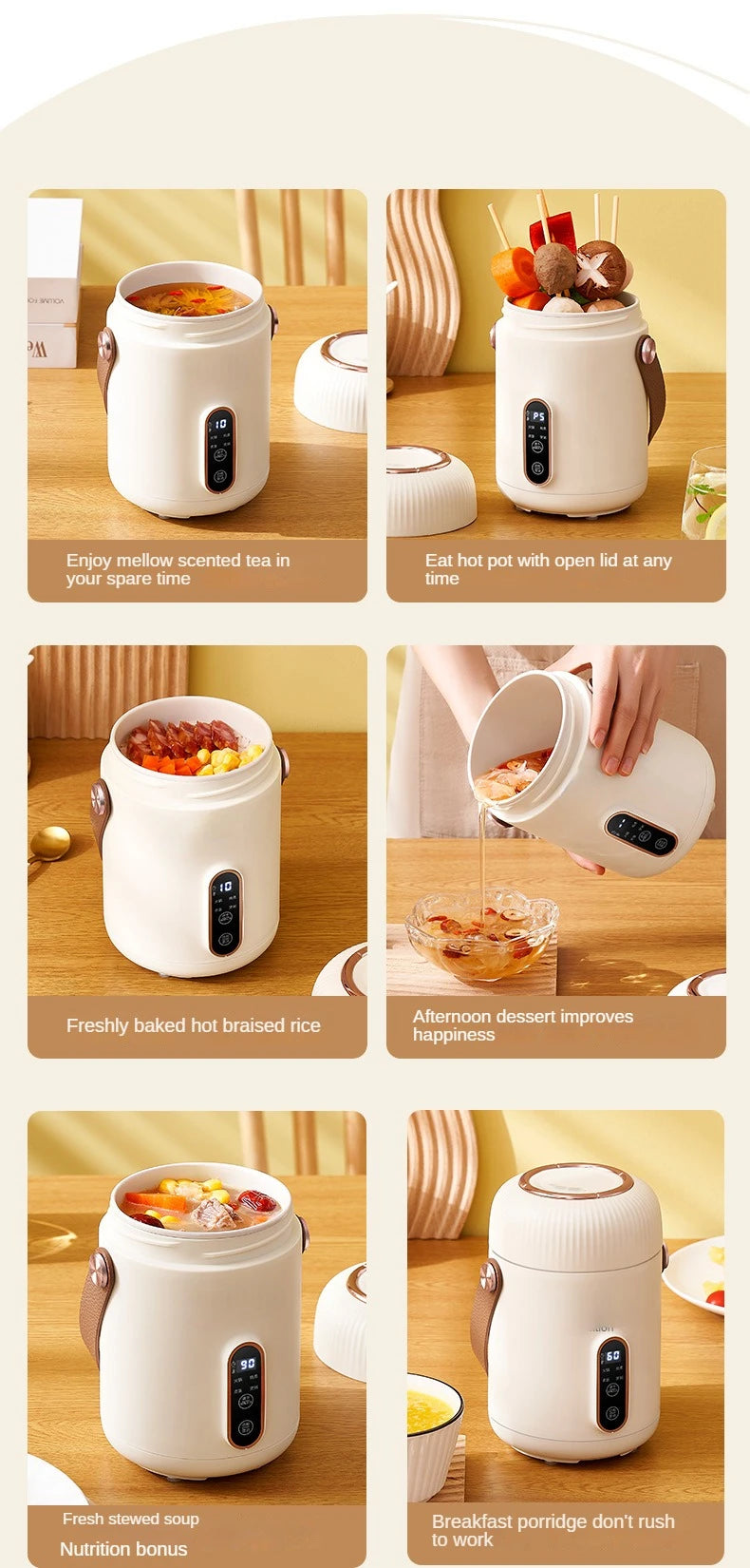White electric stewing cup slow cooker with side control panel and lid on top