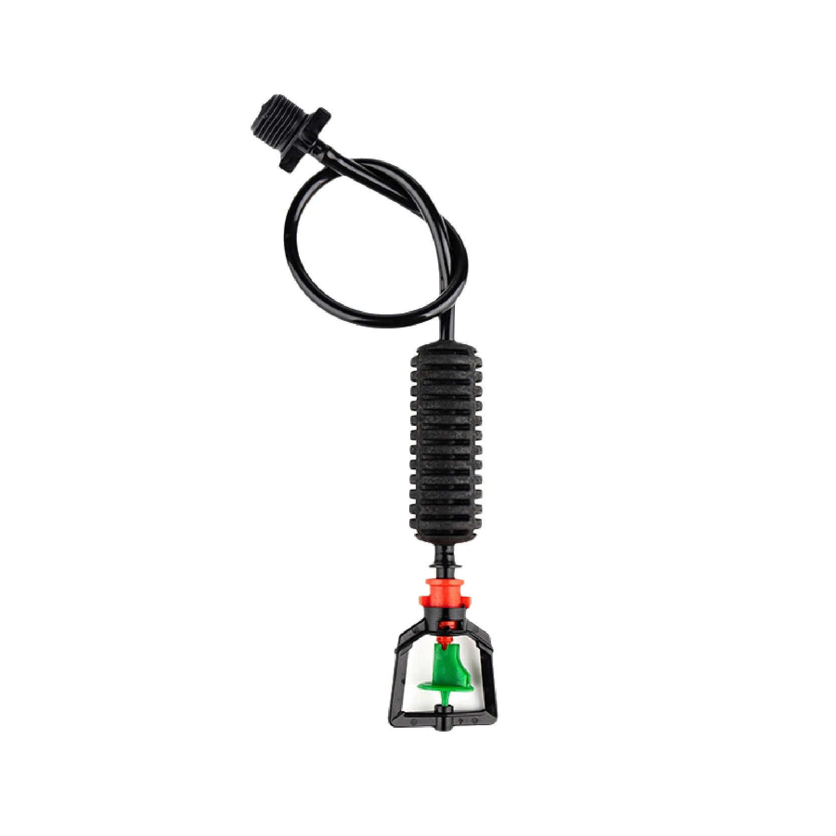 Single hanging micro sprinkler nozzle with black ribbed body and red/green spray frame