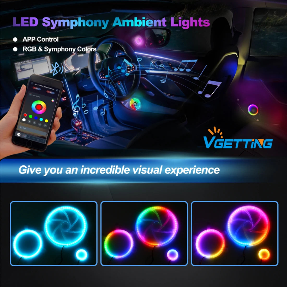 Multicolor LED ambient light rings for car interiors, controlled via smartphone app to display dynamic RGB lighting.