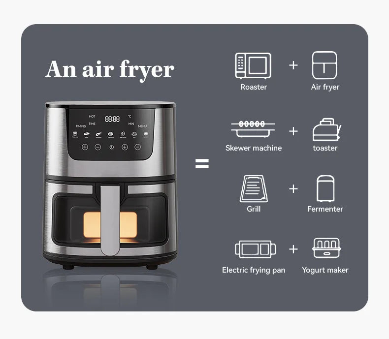 7L Air Fryer Big Capacity Stainless Steel Visible Electric Fryer Household Electric Oven Multi-function
