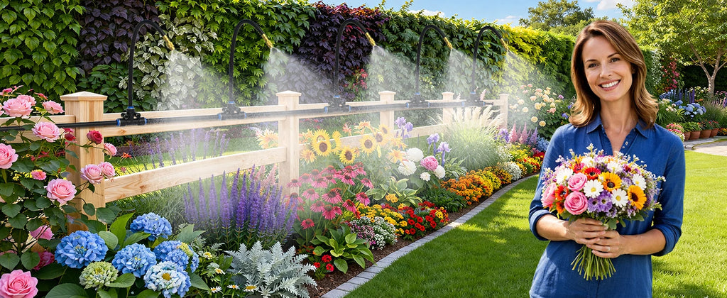 Garden misting sprinkler system cooling flowers and shrubs with fine water spray