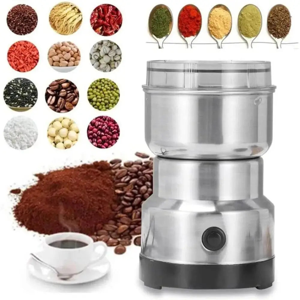 Stainless steel electric coffee bean and spice grinder with transparent lid for home kitchen use.