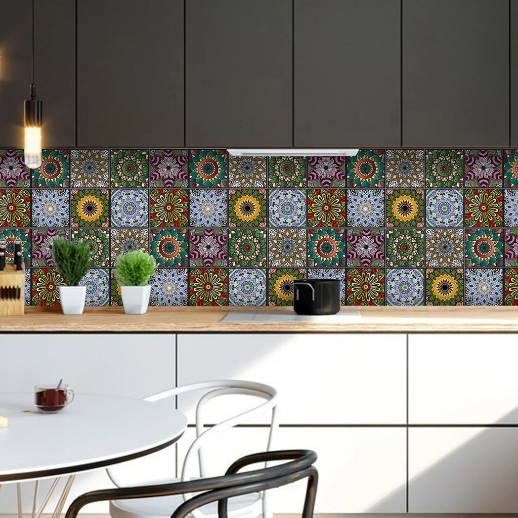 10 pcs/pack, Floral Mandala PVC Self-Adhesive Tile Stickers - Waterproof, Oil-Proof, Easy to Clean for Home Decoration