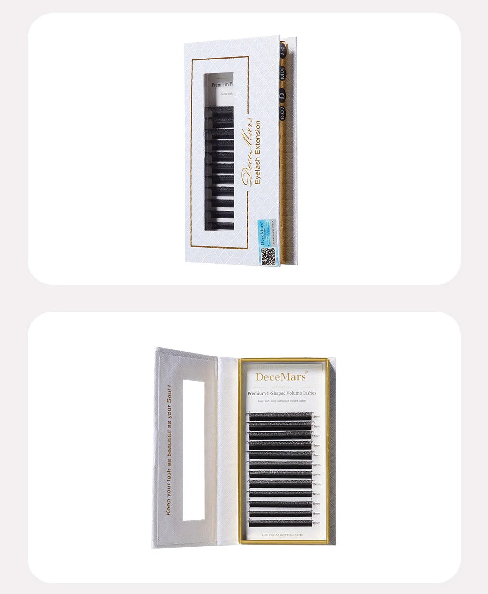 DeceMars black YY-shaped eyelash extension tray in a white and gold box, showing various lengths from 8mm to 14mm.
