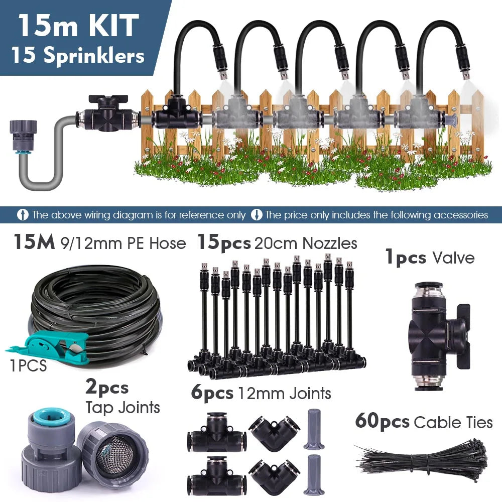 3/8" 9/12mm Misting Cooling System 360° Bend 0.6mm Nozzles Atomizer Sprayers PE Tubing 80 Mesh Filter Garden Irrigation Watering