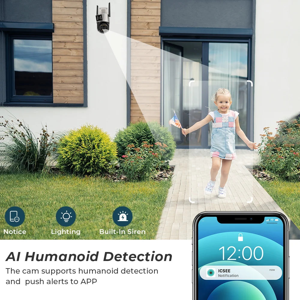 9MP 4.5K Three Lens WIfi  IP Camera Outdoor 8X Zoom Dual Screens AI Human Detect Auto Tracking  Home Security CCTV Surveillance