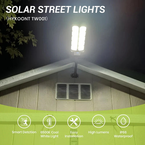 Solar street light floodlight casting bright light on an exterior wall