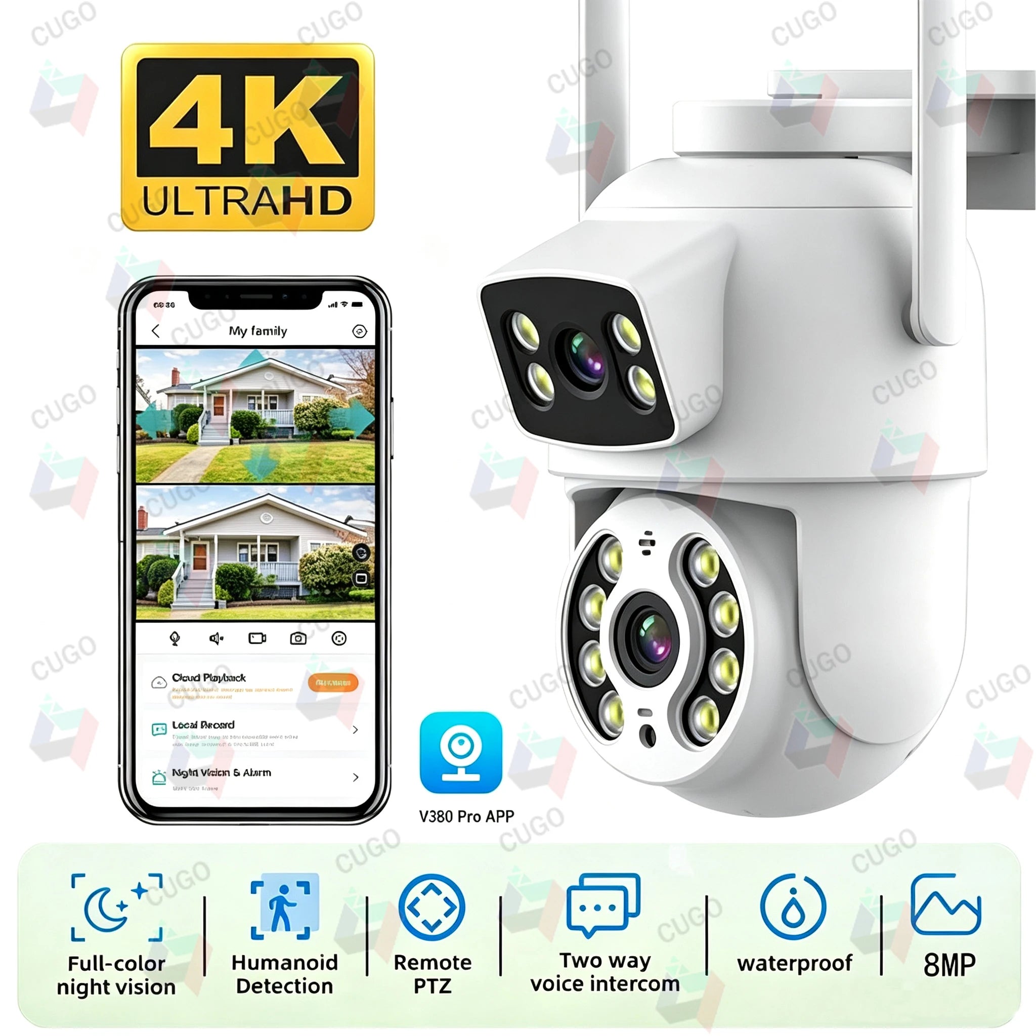 8MP 4K Dual Lens with Dual Screen Wifi Camera PTZ Wireless Outdoor Surveillance Camera Ai Human Detect Auto Tracking V380 App