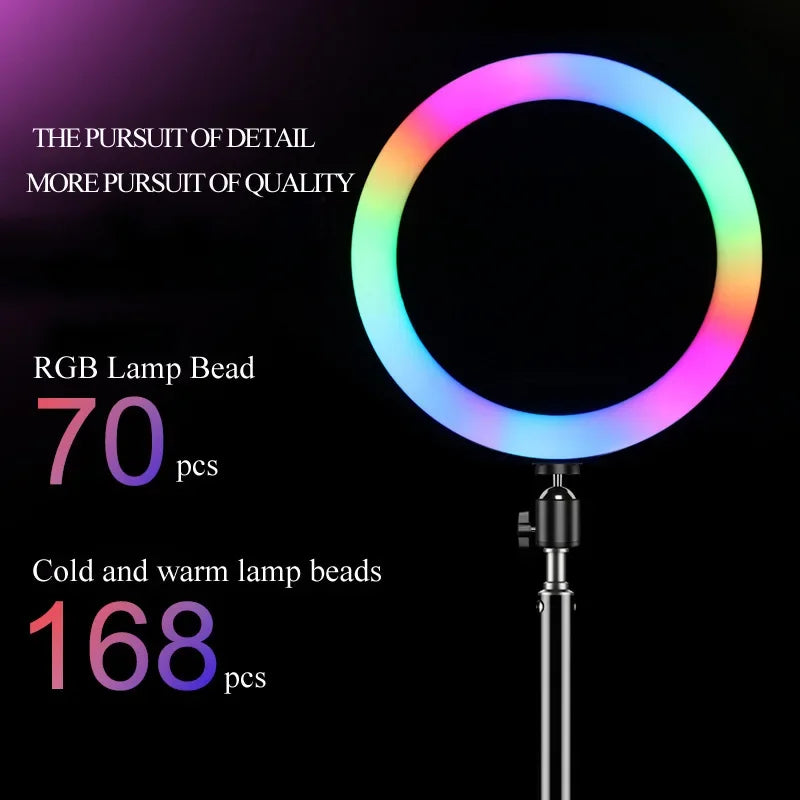 Circular LED ring light on a stand with multicolored RGB and adjustable white light settings for photography.