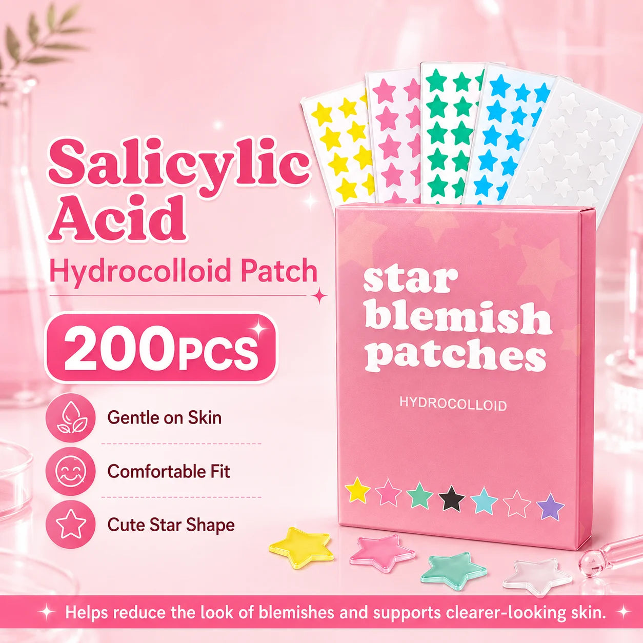 200PCS Five-Point Star Acne Patch Set Multi Color Pimple Cover Stickers for Day Night Face Body Use