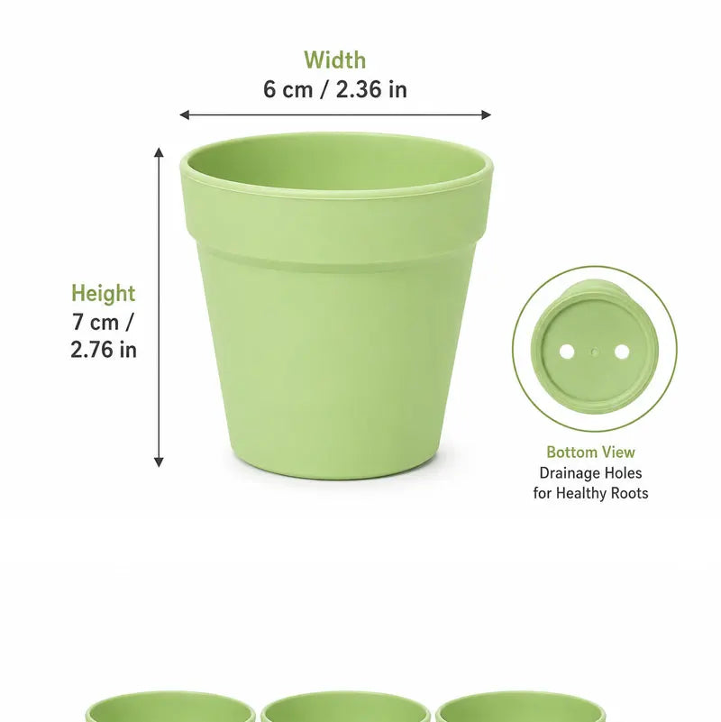 Light green mini round plastic flower pot with drainage holes and wide opening for succulents.