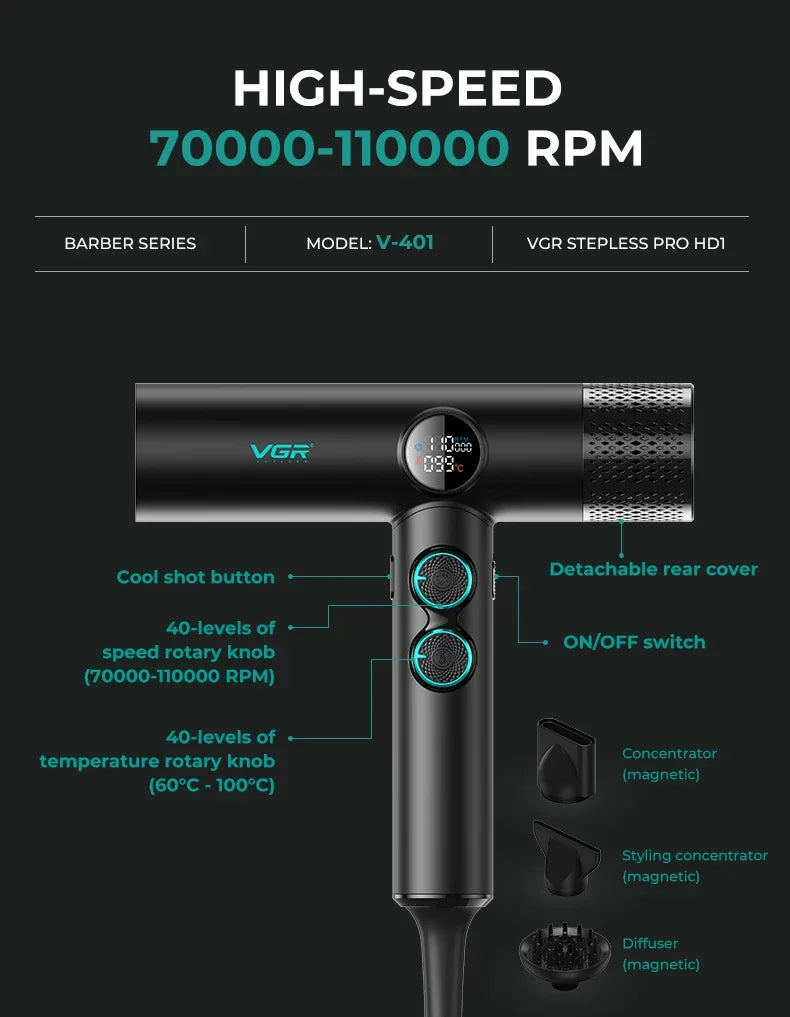 VGR V-401 professional BLDC hair dryer with LCD display, magnetic attachments, and 110k RPM high-speed motor.