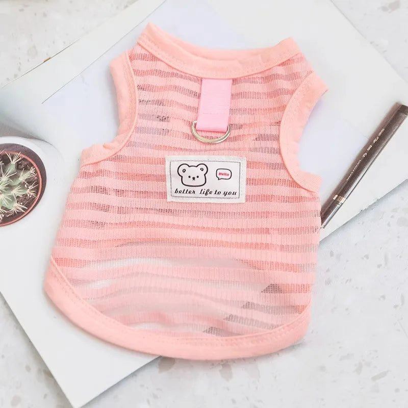 Breathable pink striped summer cooling vest for small dogs like Chihuahuas and French Bulldogs.