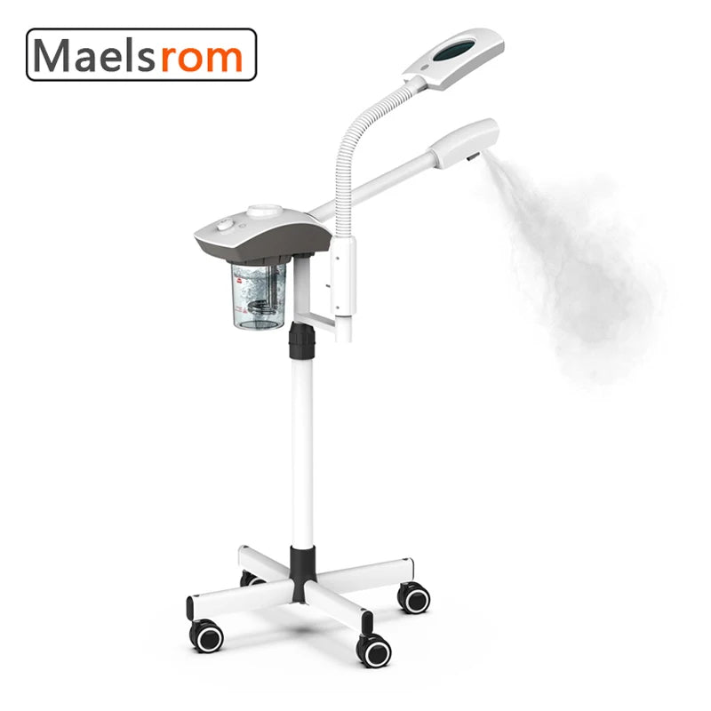 Professional white ozone facial steamer on a rolling stand with a magnifying lamp for spa skin care and pore cleaning.