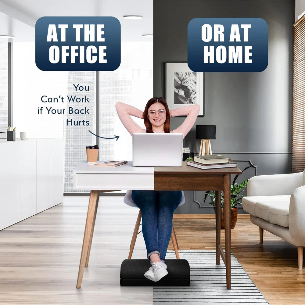 Adjustable black ergonomic under desk foot rest for office or home to relieve back, knee, and foot pain.