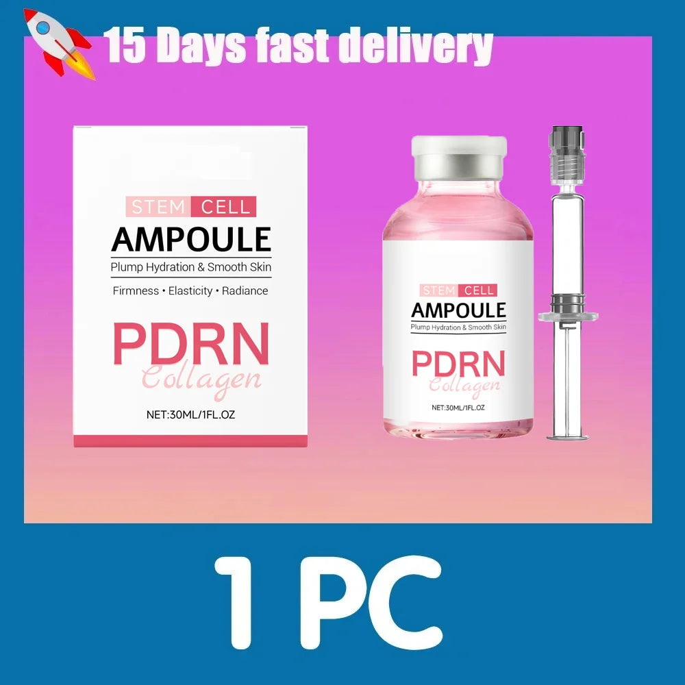 Pink serum ampoule bottle with silver cap and white product box