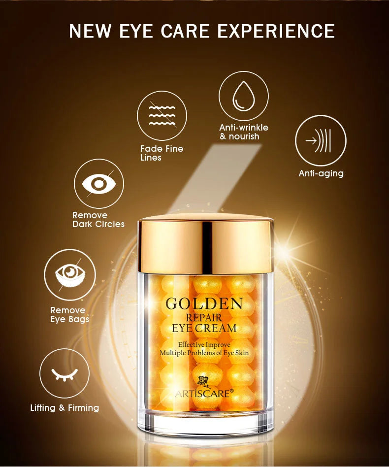 ARTISCARE 24K Gold Repair Eye Cream in luxury gold jar; anti-aging, moisturizing, and firming facial skincare set.
