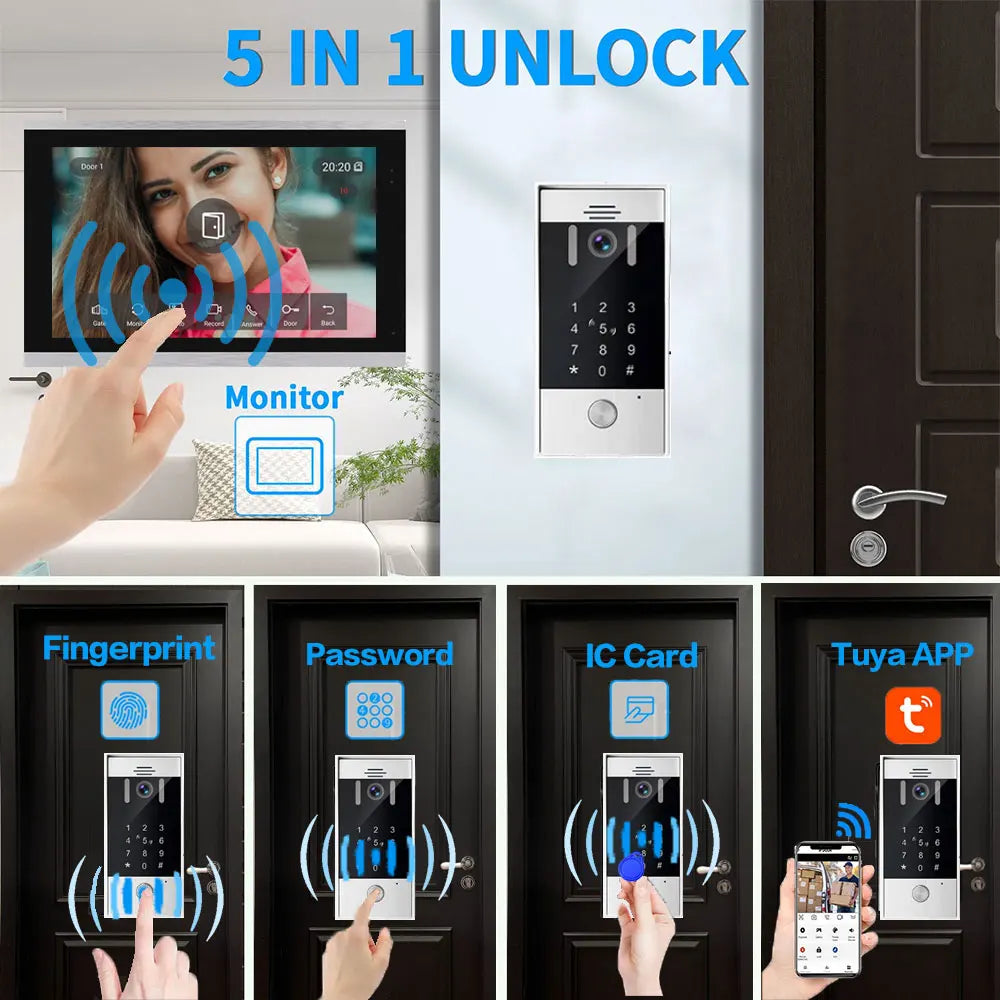 5in1 Unlock Doorbell 10inch 1080P Touch Monitor Video Intercom System Home intercom with Fingerprint IC Card Unlock for apartmen