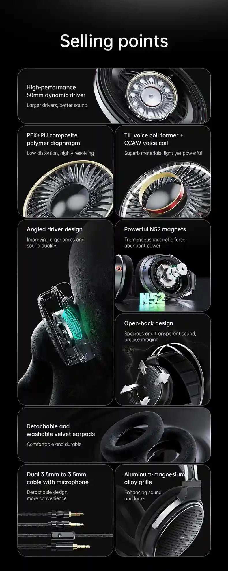 Open-Back Headphones 50mm Dynamic Driver with Detachable Mic - Tidesmit Tidesmit