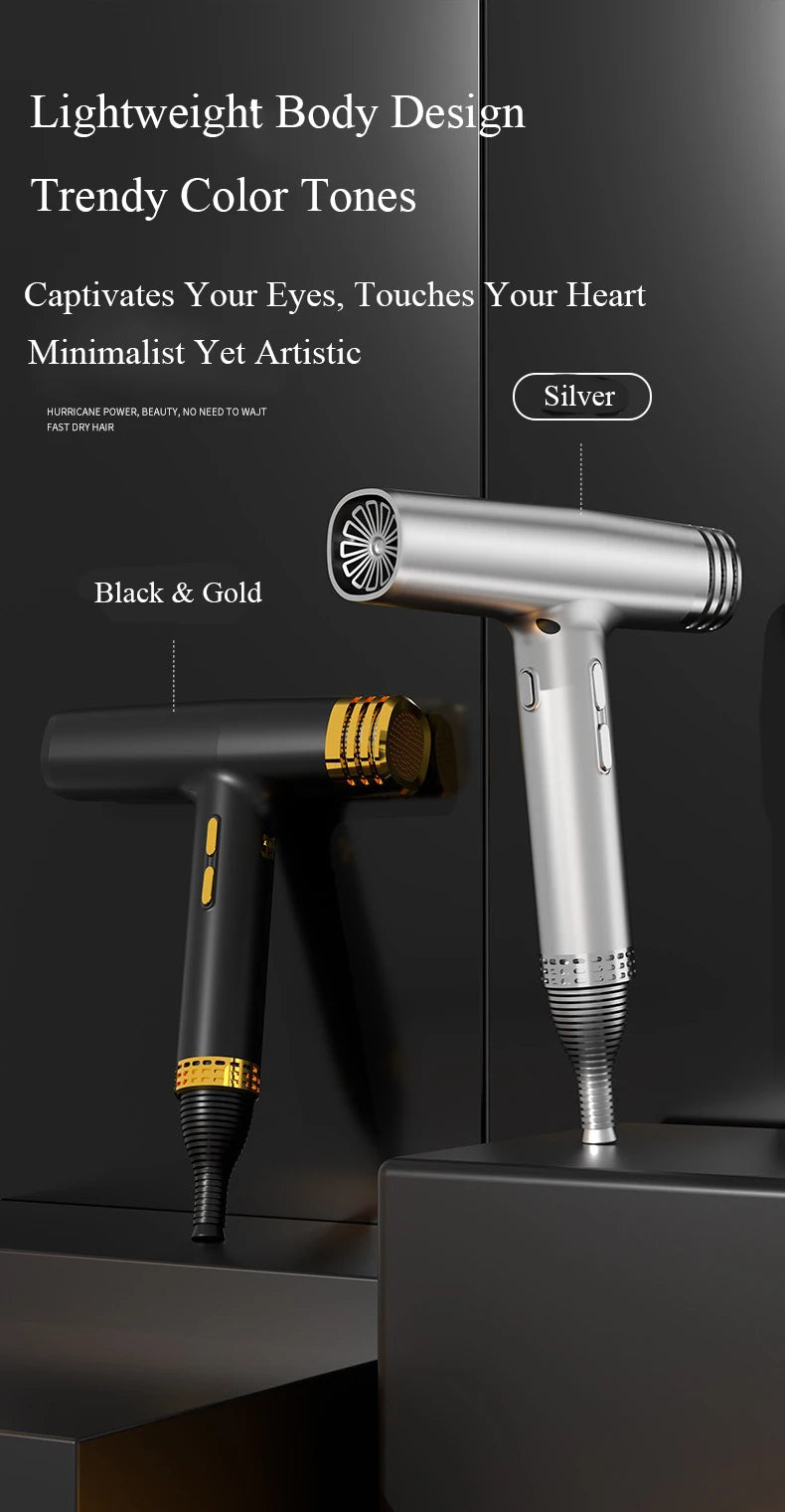 Silver and black/gold ionic hair dryers, 11000 RPM quiet professional blow dryer with constant temp for fast drying.