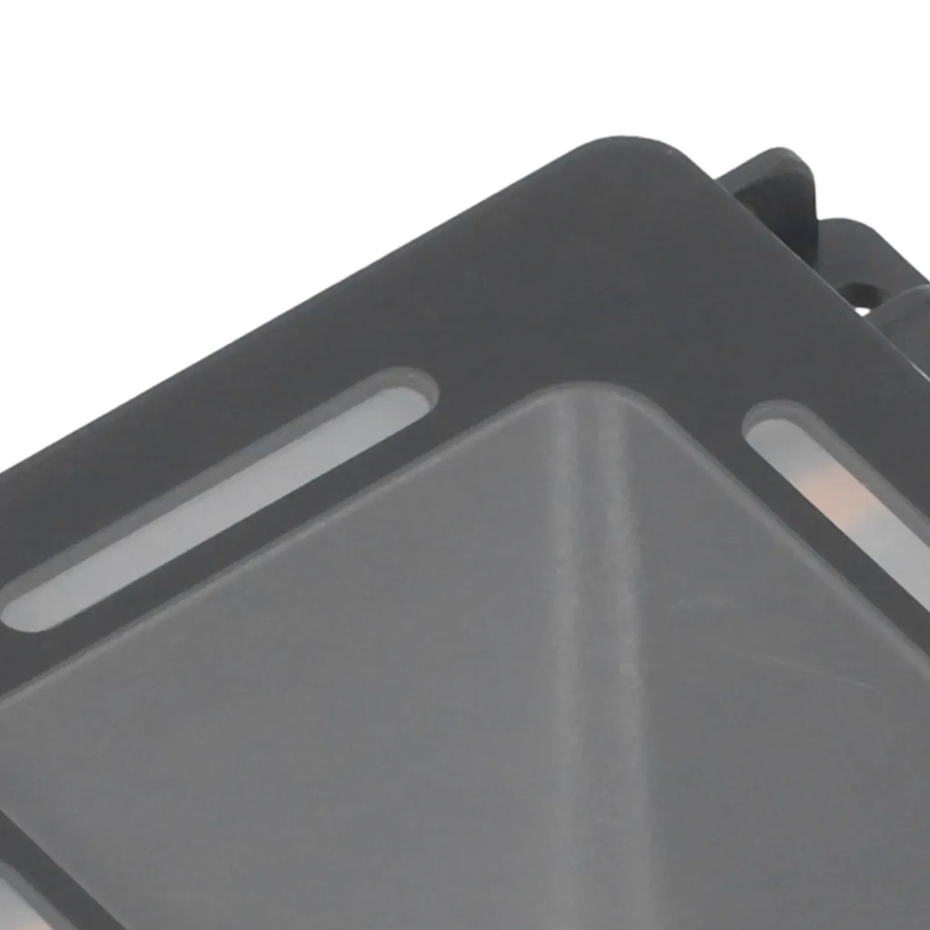 Close-up of black barcode scanner module front scan window and mounting edge