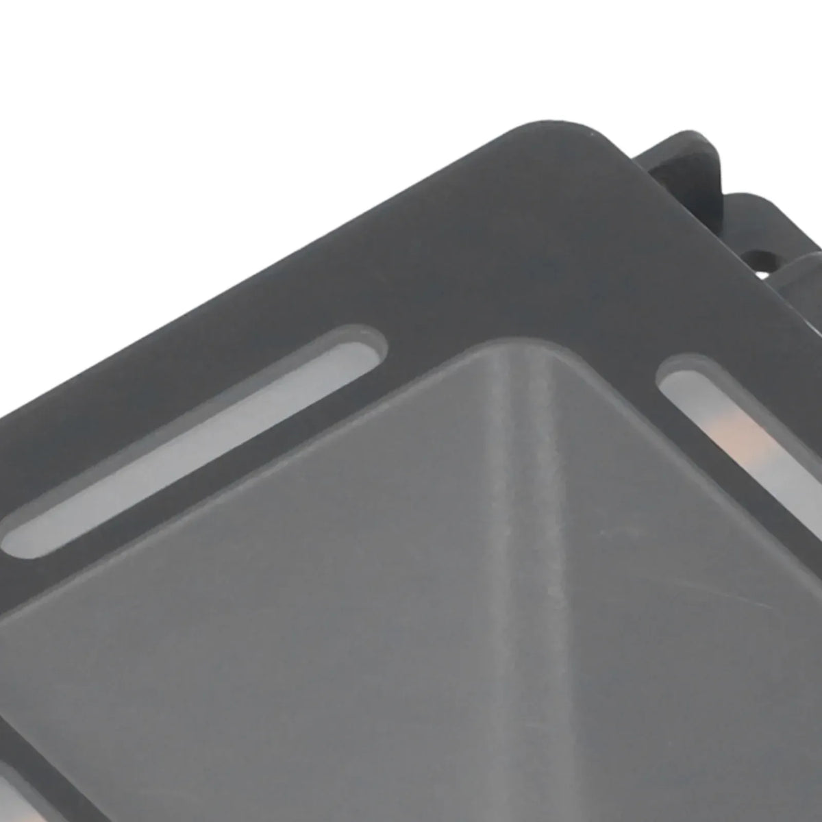 Black 2D barcode reader module close-up of scanning window and top frame