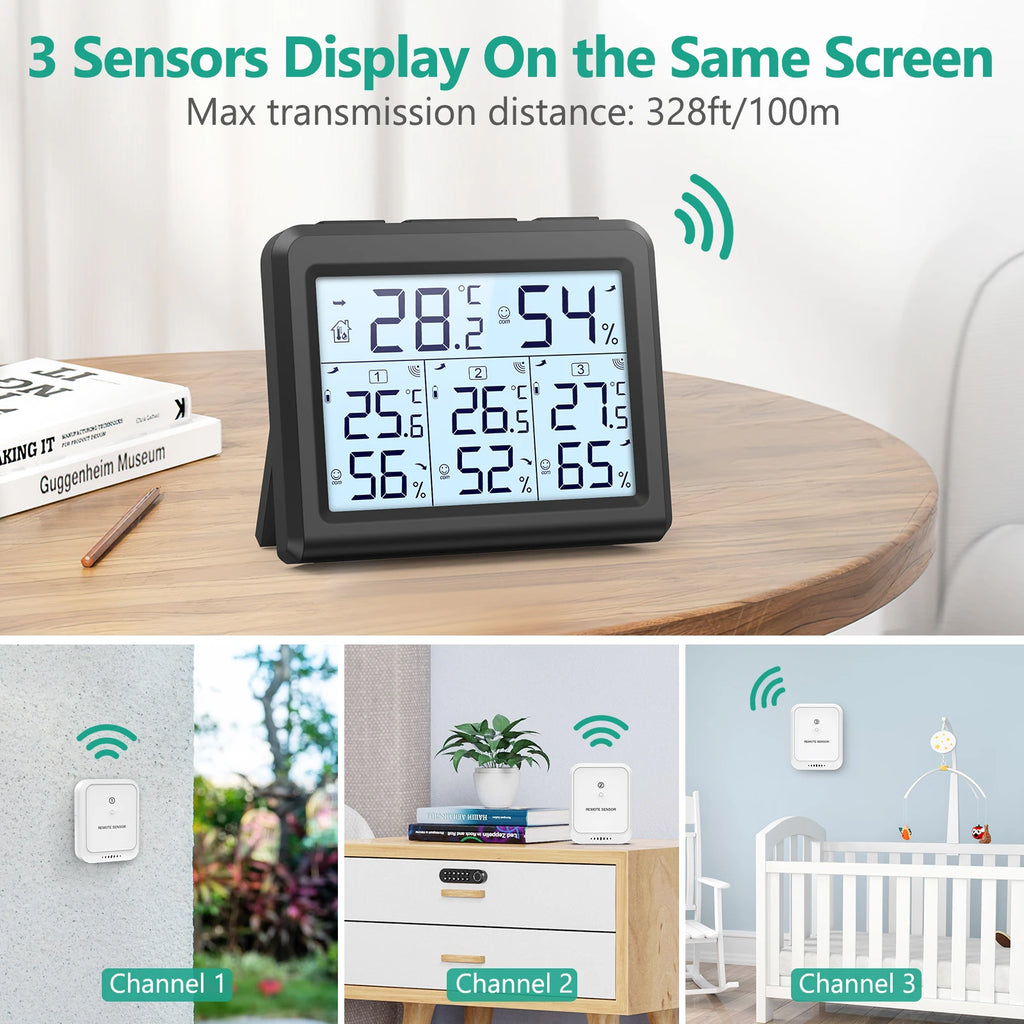 ORIA Indoor Thermometer Digital Hygrometer Wireless Temperature and Humidity Gauge Monitor with 3 Sensor for Home Office Bedroom