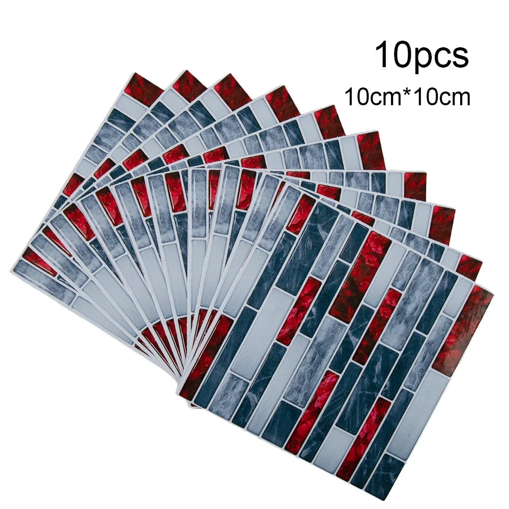Self-adhesive 3D mosaic tile wall sticker sheets set in gray and red brick-pattern tiles