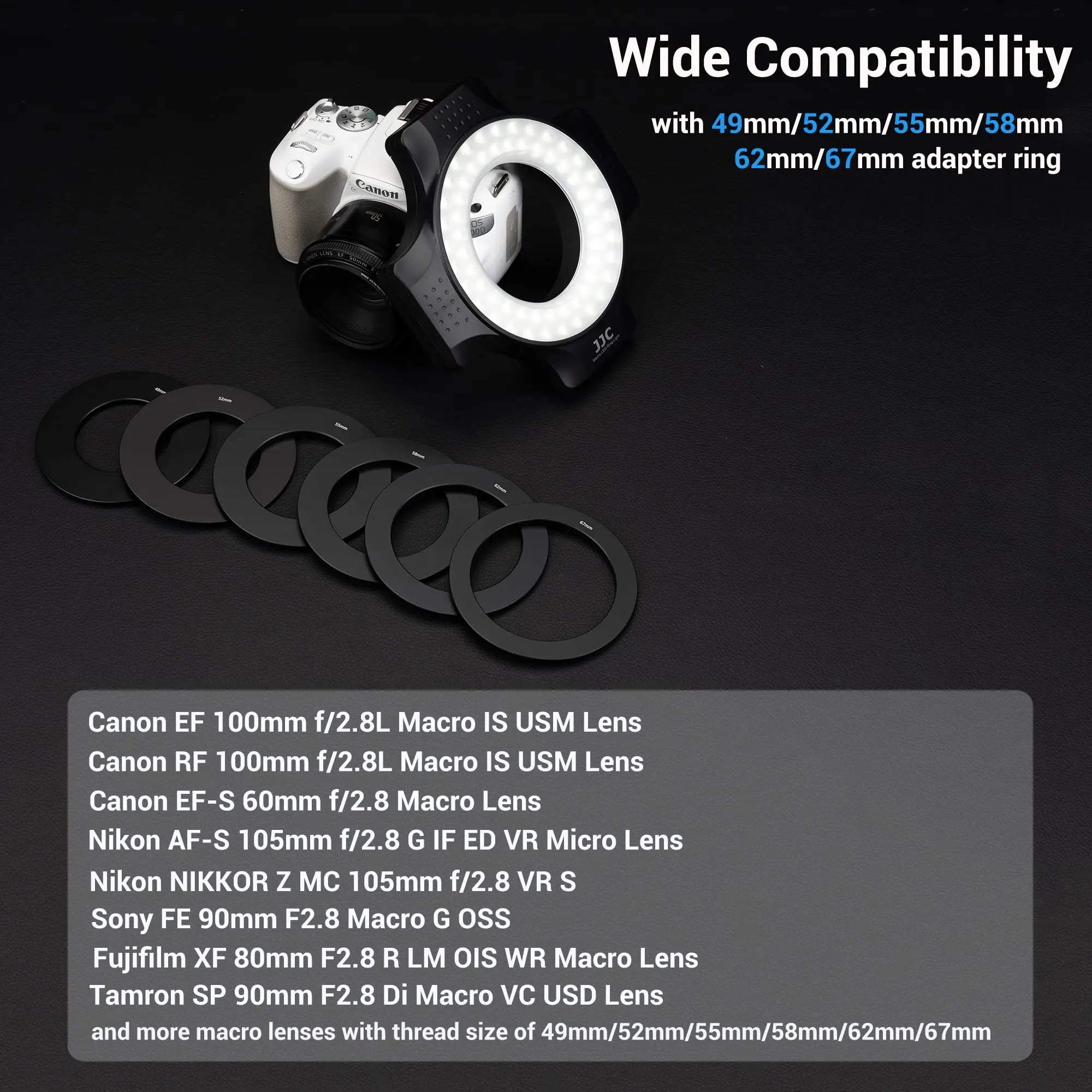 Macro LED Ring Flash for DSLR with 6 Adapter Rings Tidesmit