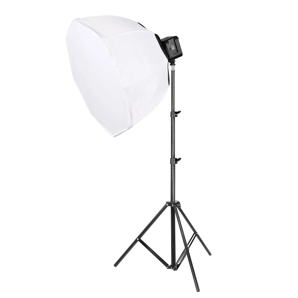 Octagonal softbox studio light with white fabric diffuser mounted on an adjustable black metal tripod stand.