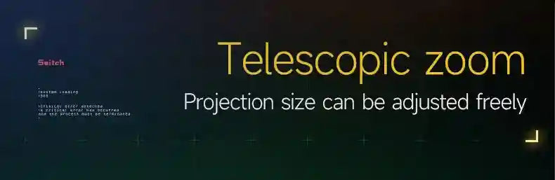 Telescopic zoom text on a dark gradient background indicating adjustable projector screen size.