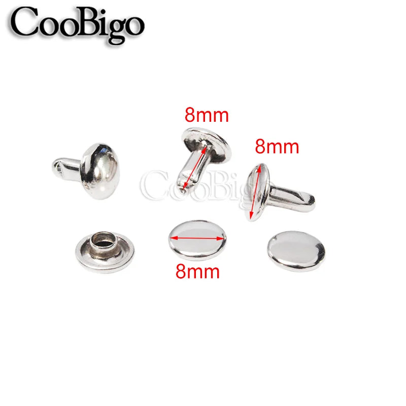 8x8mm silver metal double cap rivets for DIY pet collars, leather crafts, bags, and clothing embellishment.