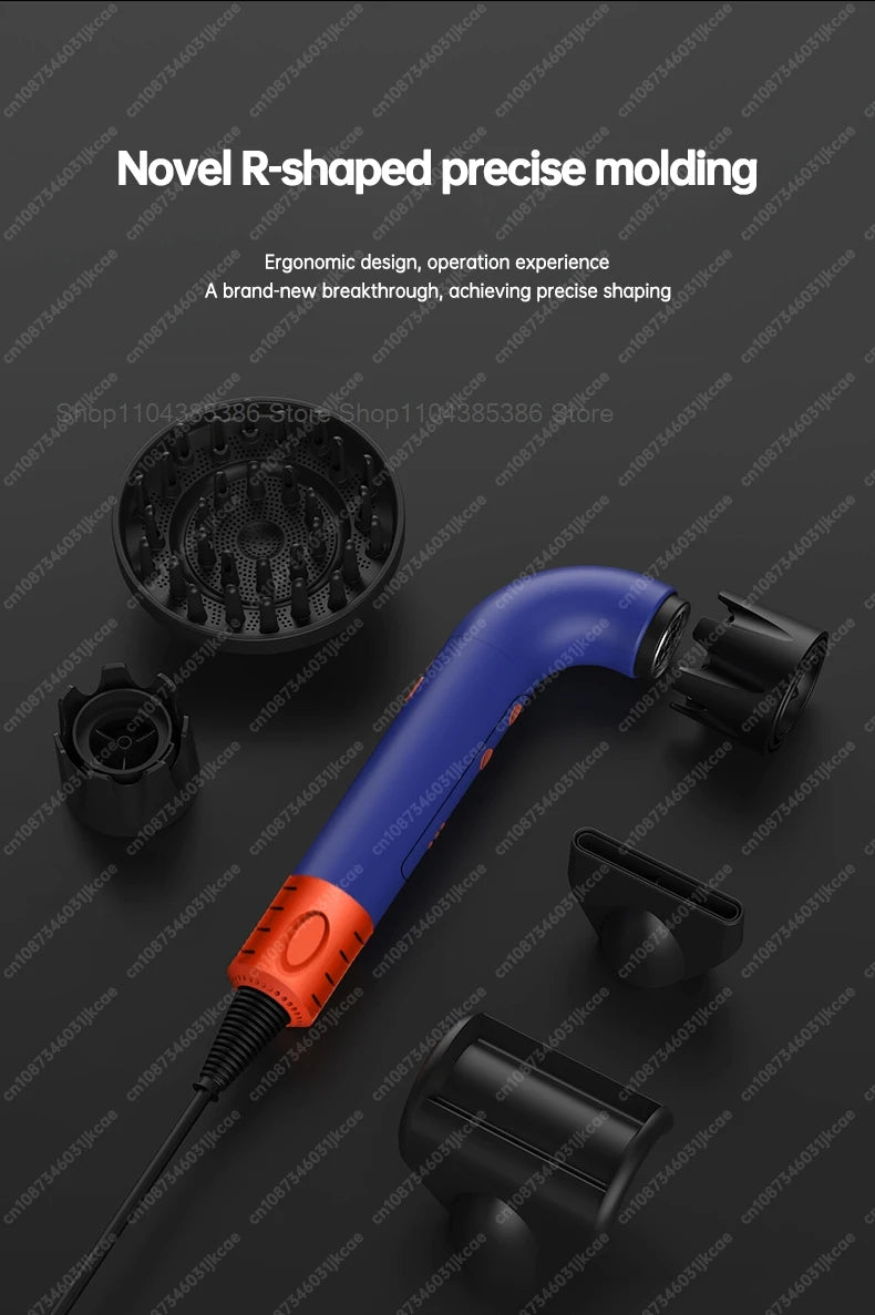 Blue and orange R-shaped negative ion hair dryer with multiple styling attachments for professional home hair care.