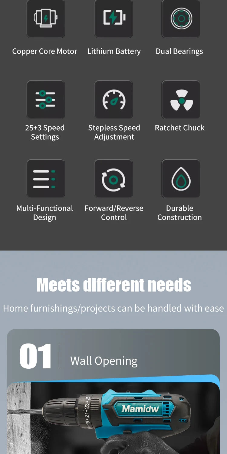 Mamidw 3/8'' 10mm Chuck Cordless Power Drill 25N.M 1150RPM Electric Screwdriver Drill for Daily Home Improvement Woodworking Tasks, For Makita 18V Battery PIN