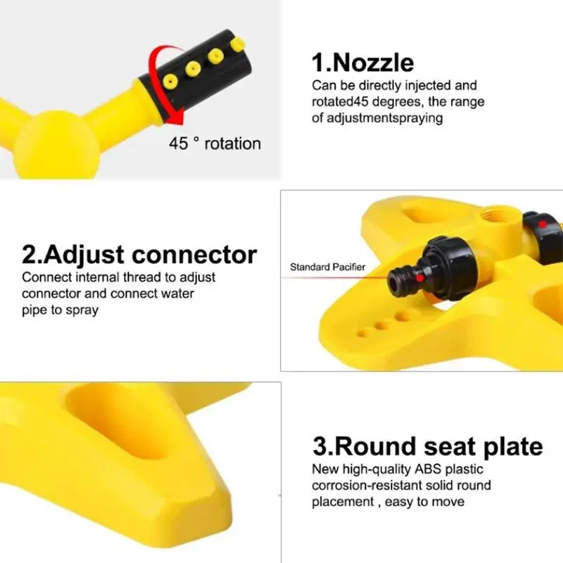 Yellow 360 rotary sprinkler with adjustable connector, black nozzle cluster, and round base