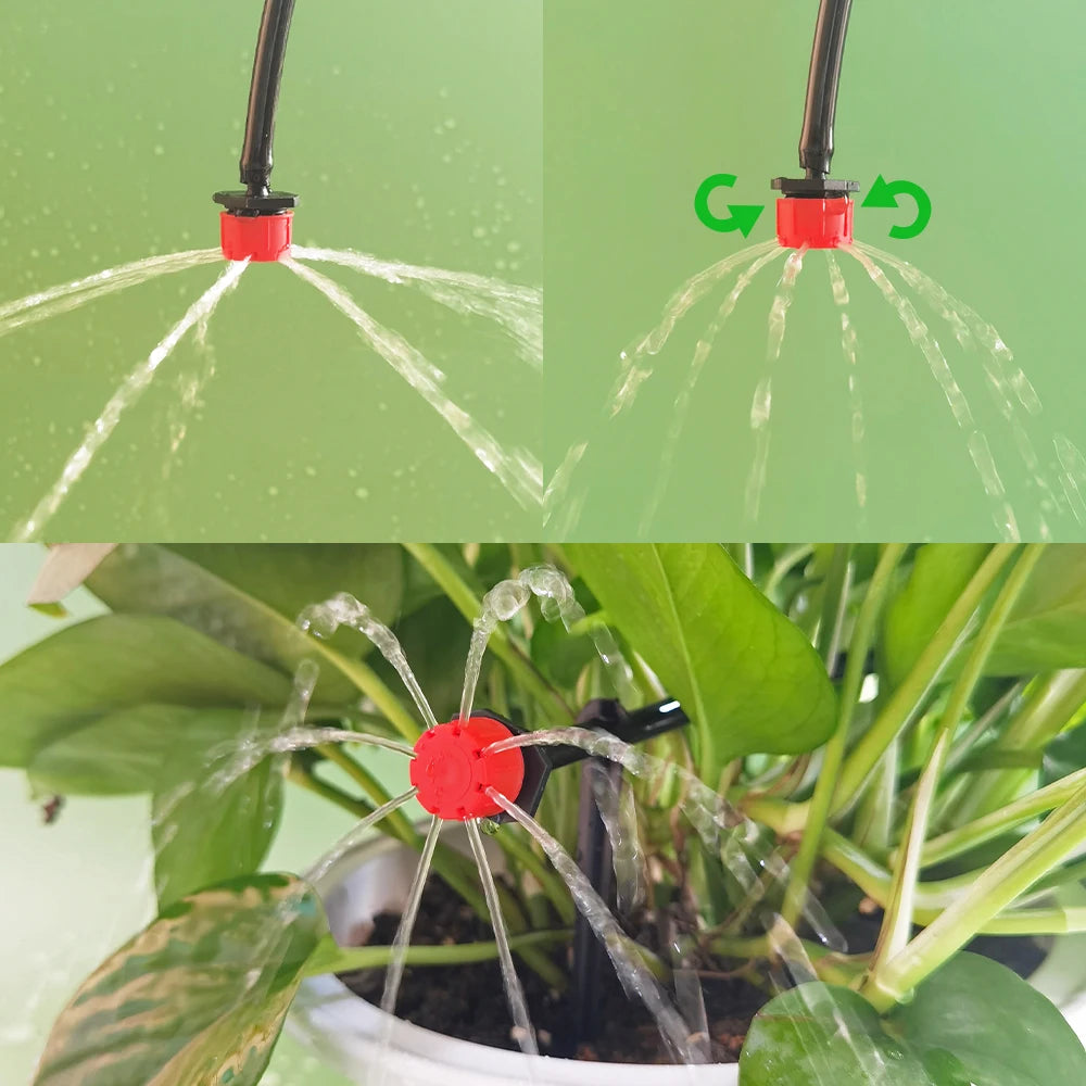 Micro drip dripper spraying water from red adjustable head into garden plants