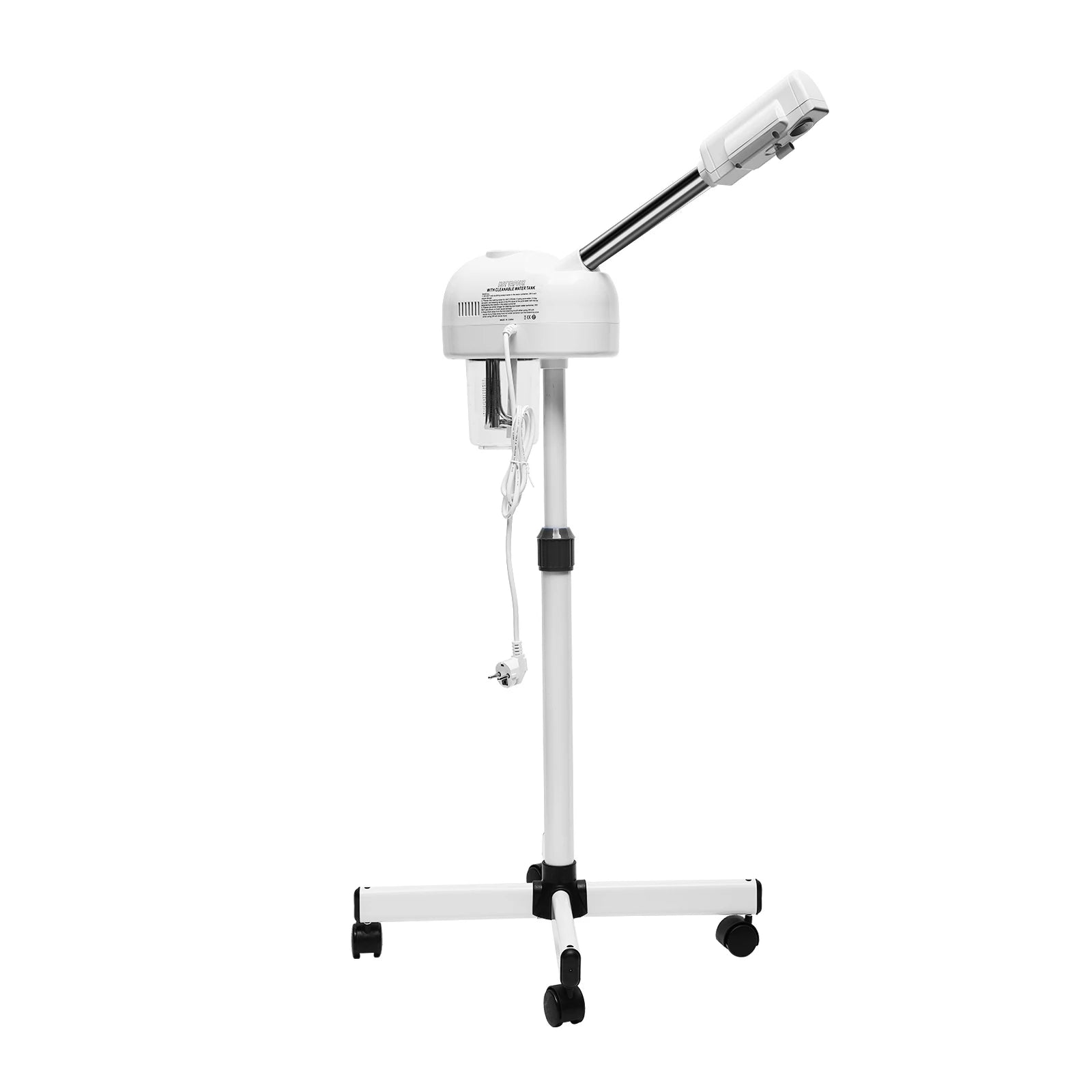 White professional facial steamer with 750ml tank and adjustable stand on wheels for salon or home spa skin care.