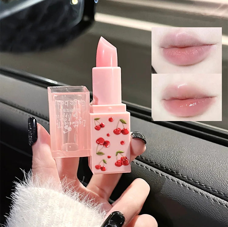 Gege Bear cherry print hydrating lip balm provides a glossy, moisturizing finish for soft, tender-looking lips.
