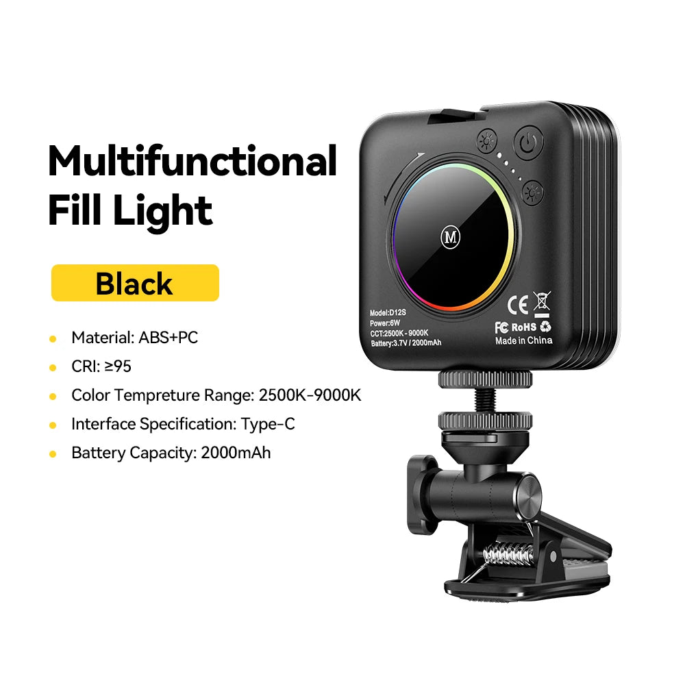 Black square LED fill light with round control center, mounted on a clip for phone or camera photography.