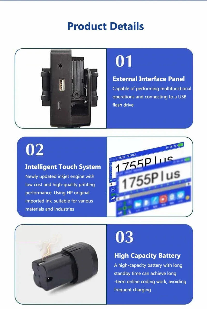 Handheld inkjet printer feature diagram with external interface and touch system