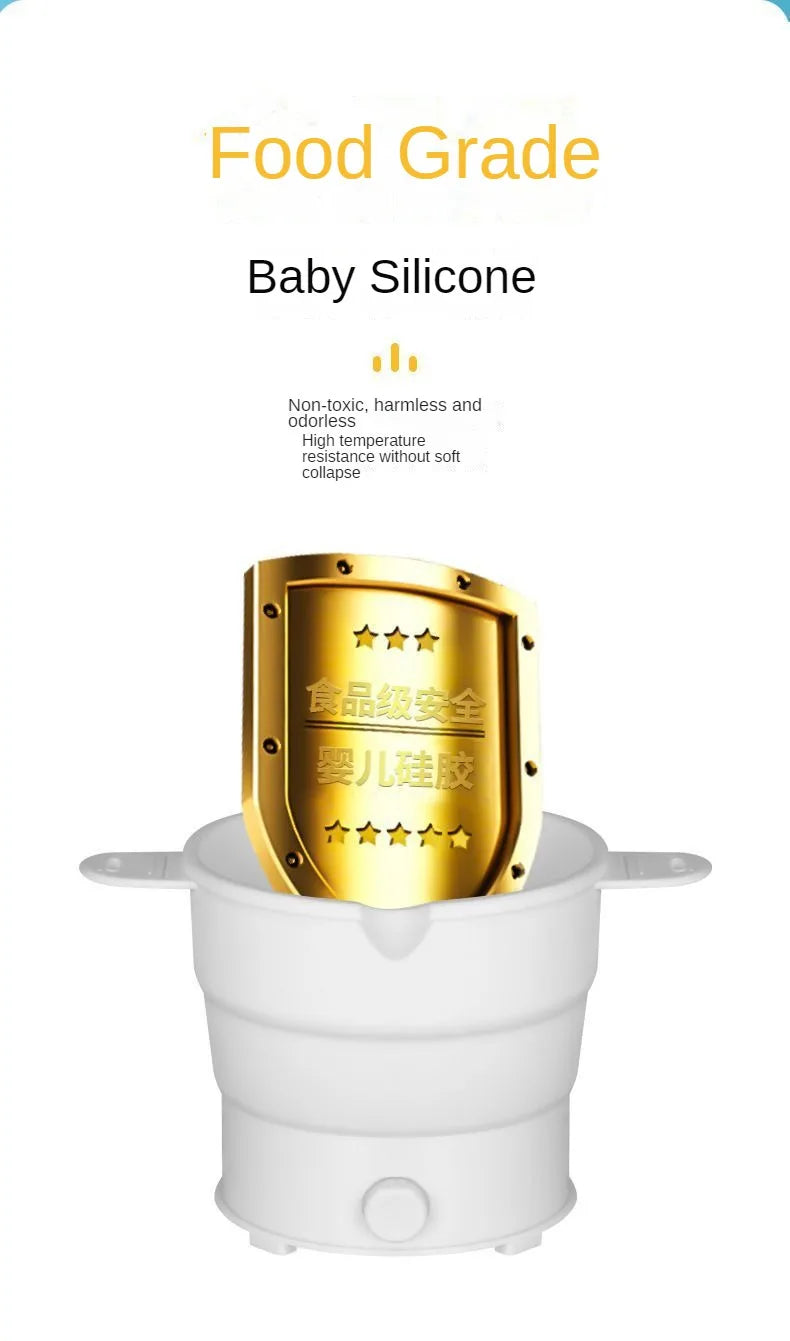 White folding electric baby cooking pot with lid and baby silicone insert