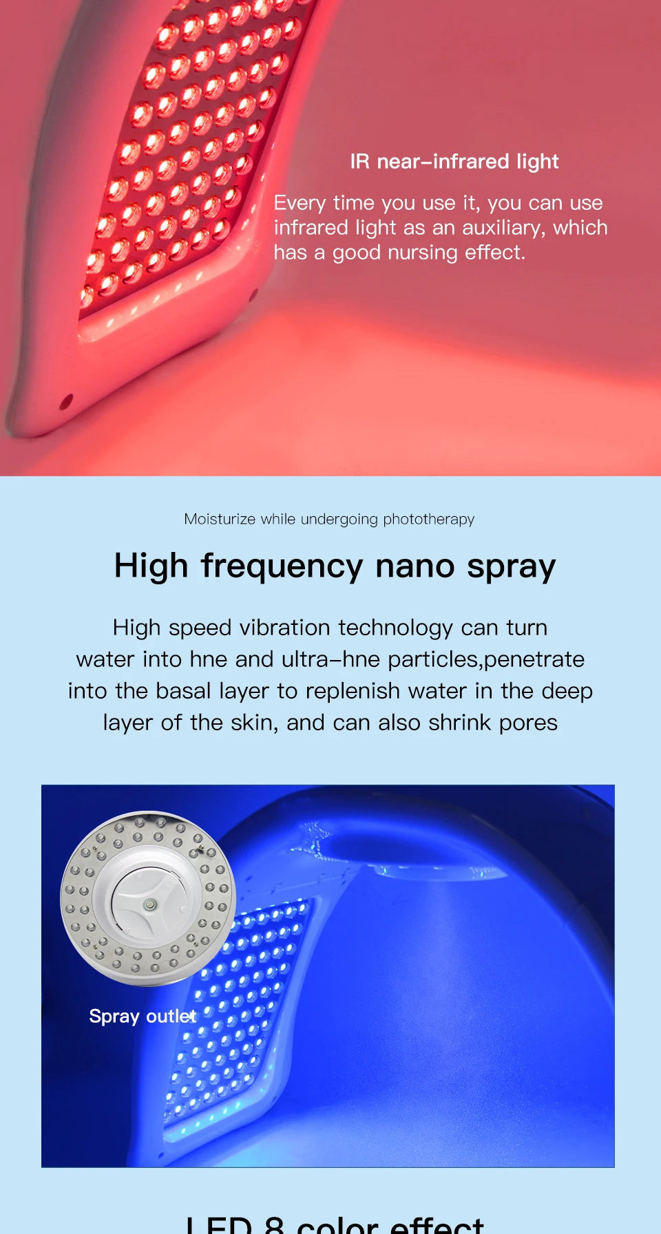 PDT LED light therapy mask with infrared, nano-spray hydration, and multi-color facial skin rejuvenation device.
