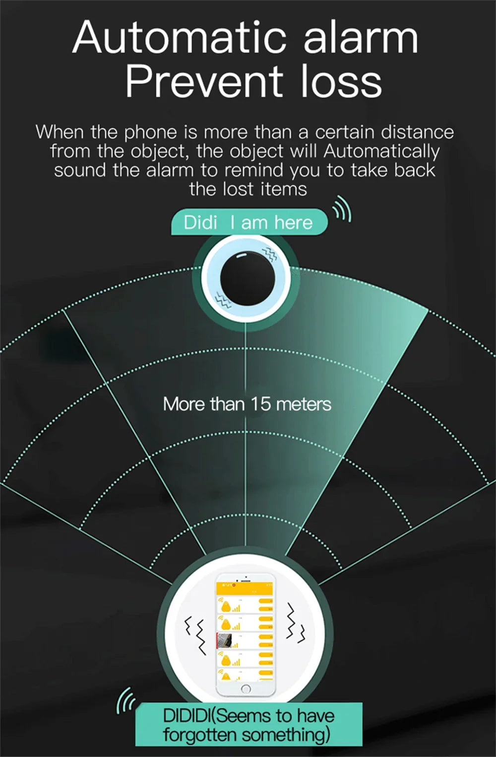 Mini Bluetooth GPS tracker for pets and keys features an automatic anti-loss alarm for tracking items beyond 15 meters.