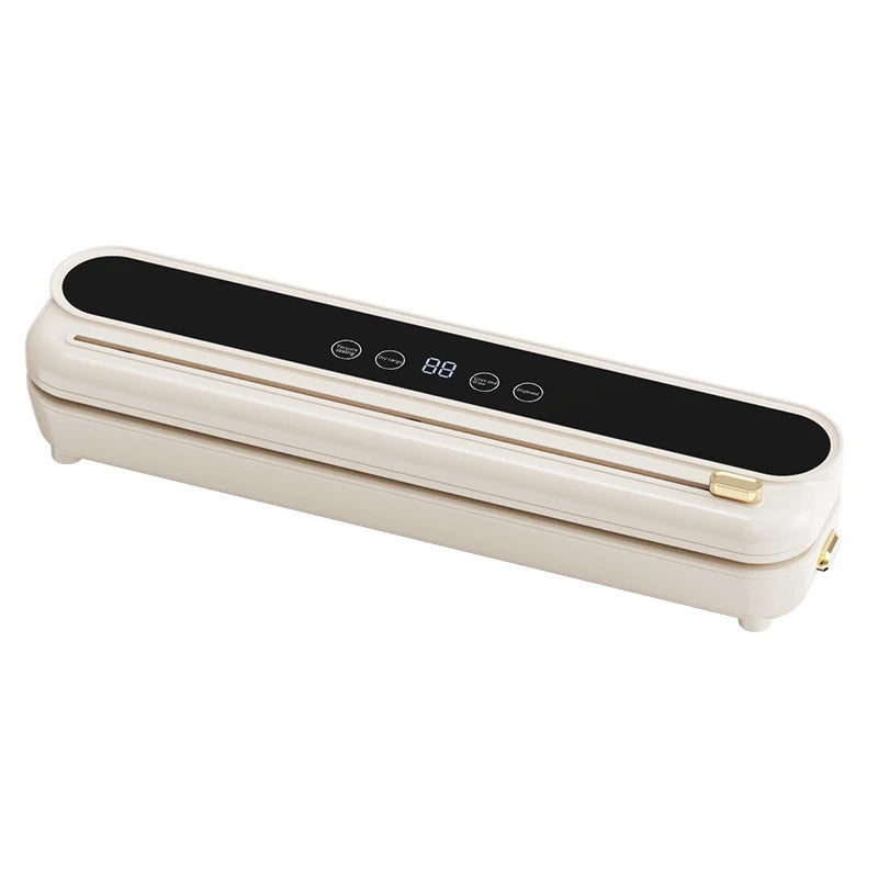 White electric vacuum sealer machine, front view with black sealing bar and gold latch