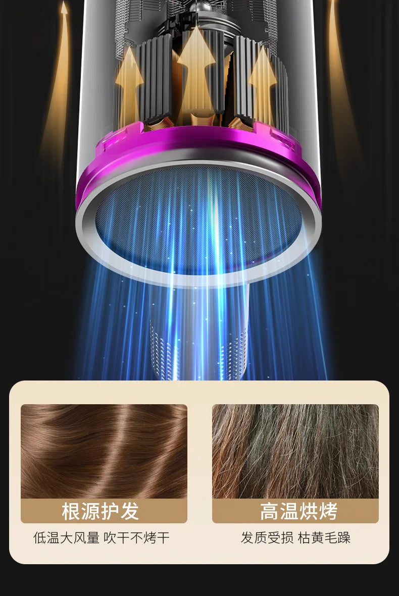 2400W silent hair dryer showing airflow technology, purple accents, and protective low-temp drying for healthy hair.