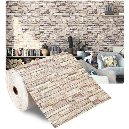 3D brick wall wallpaper roll with white and beige textured faux brick pattern