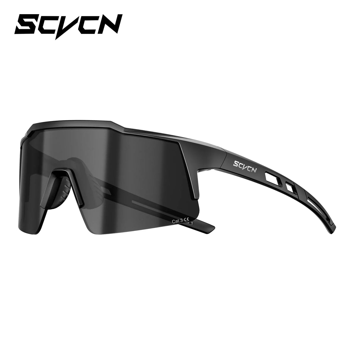 SCVCN photochromic cycling sunglasses, black frame, dark gray mirrored lenses