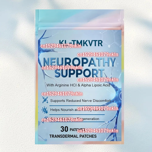 Blue transdermal neuropathy support patch pouch, shows 30 patches and product text