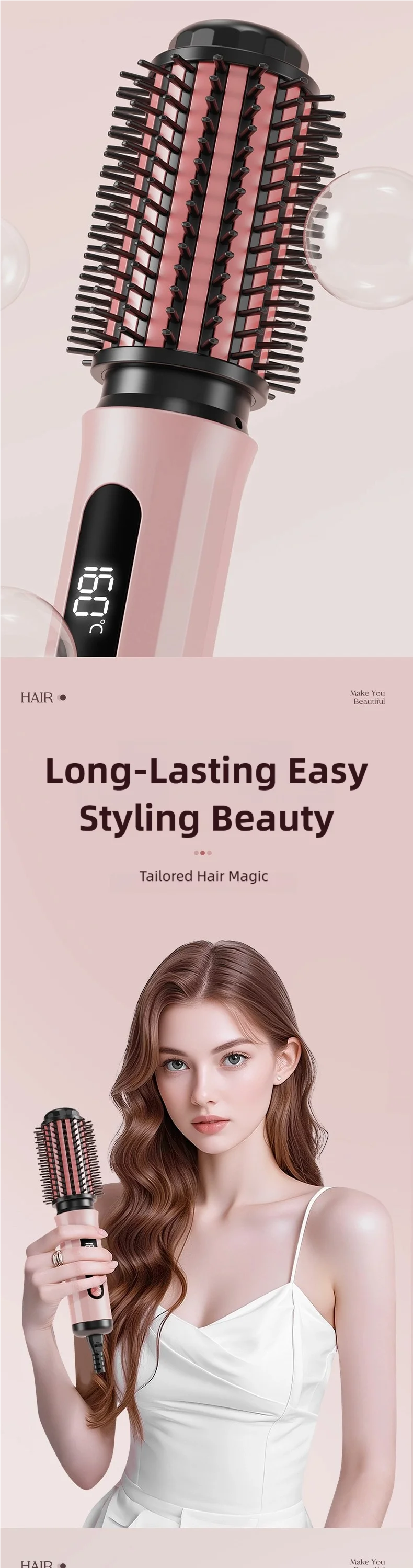 TINSOL pink negative ion hot air brush with digital temp display for professional hair curling and smoothing styling.